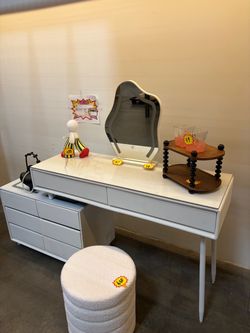 White Vanity Desk with Mirror and Stool