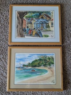 Vintage Tropical Watercolor Paintings Signed I Lem 1986 15"x12" Framed Set