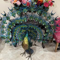 Peacock Life Size Handcrafted Decorative Feathers out Metal Statue With Crystals