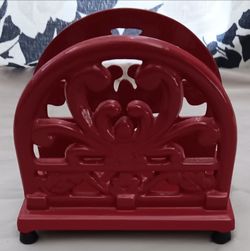 New Heavy Cast Iron Red Napkin/Mail Holder With Filigree Design. Made In China.