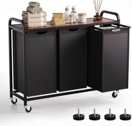 3-Section Laundry Hamper and Laundry Sorter with Pull-Out Organizer Bags, Rolling Laundry Basket with Wheels and Top Shelf, Large Capacity 3 x 12.7 Ga