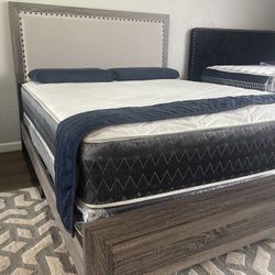 Brand New Queen Size Grey Wooden Bed Frame With New Mattresse 