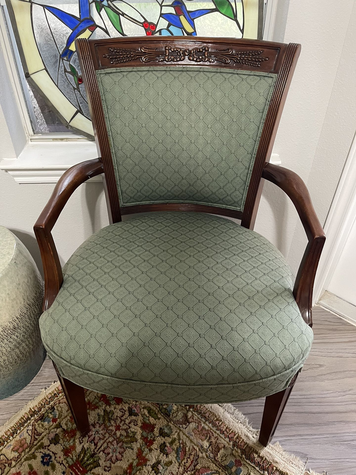 Vintage Solid Wood Chair With Green Upholstery 