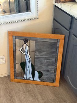 Vintage window pane Handmade gorgeous blue beige and greenstained glass woman portrait art 23.5" x 26" framed for window  excellent condition
