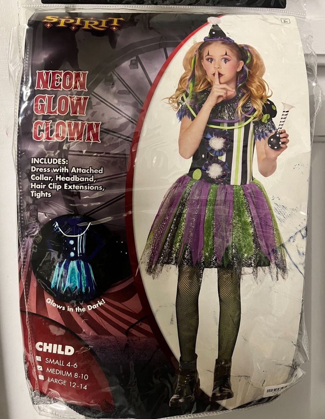 SPIRIT HALLOWEEN NEON GLOW CLOWN GIRL COSTUME (NEW)