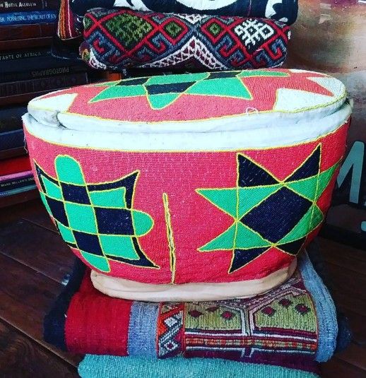 Large Vintage African Yoruba Beaded Leather Woven Basket w/ Lid
