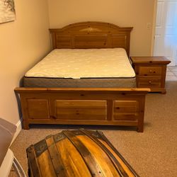 Queen Size Bed Mattress And Frame With Matching End Table. In Great Shape. Downsizing No Room For It. 
