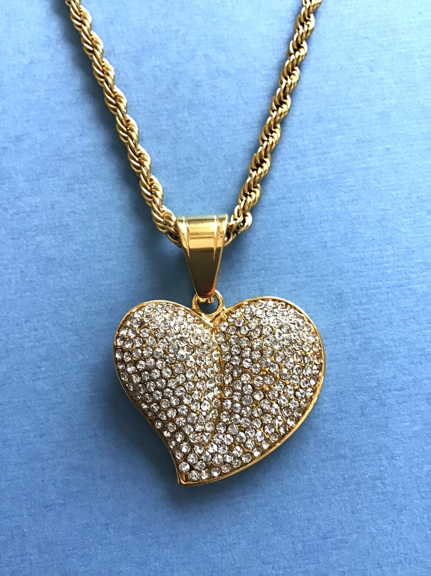 Ladies Sparkling Heart Pendant with Chain- Gold Bonded On Stainless Steel *Ship Nationwide Or Pickup Boca Raton