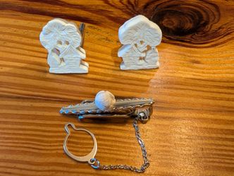 Vintage Mid-Century Japanese Carved Bone Silver Tie Bar & Cufflink Set