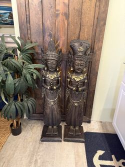 Pair of Tall Praying Asian Wooden Statues Brown & Gold