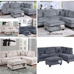 Sectional SofaChaise With Ottoman Storage USB Available I Ivory, Gray,Dark  Corduroy,Gray,Black 106"X76" 