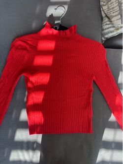 Red Ribbed Knit Ruffle Mock Neck long sleeve