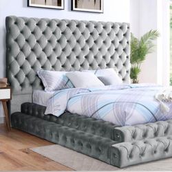 Gray Queen Bed - Velvet Tufted Step Up Platform Bed 