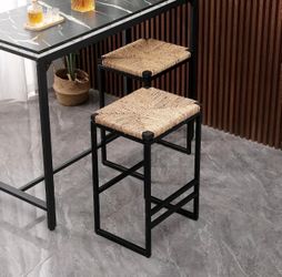 25 inch Bar Height Stools, Paper Rope Woven Bar Stools Set of 2, Backless Farmhouse Island Chair with Metal Frame