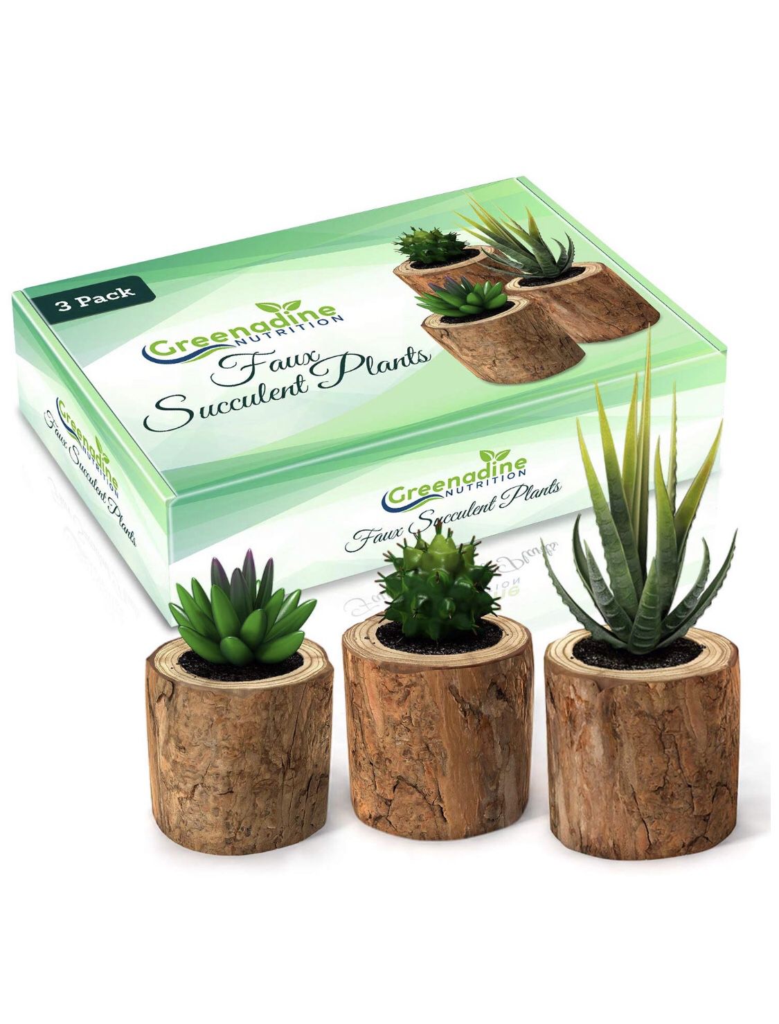 Fake Succulent & Feaux Cactus Plants - Set of 3 | Artificial Plastic Decor in Small Wooden Planter Pot | Real Live Looking Mini Faux Plant for Home,