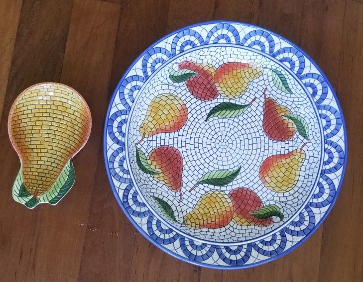 Large Platter & Small Dish Fruit Clay Art Mosaic Pear Handpainted