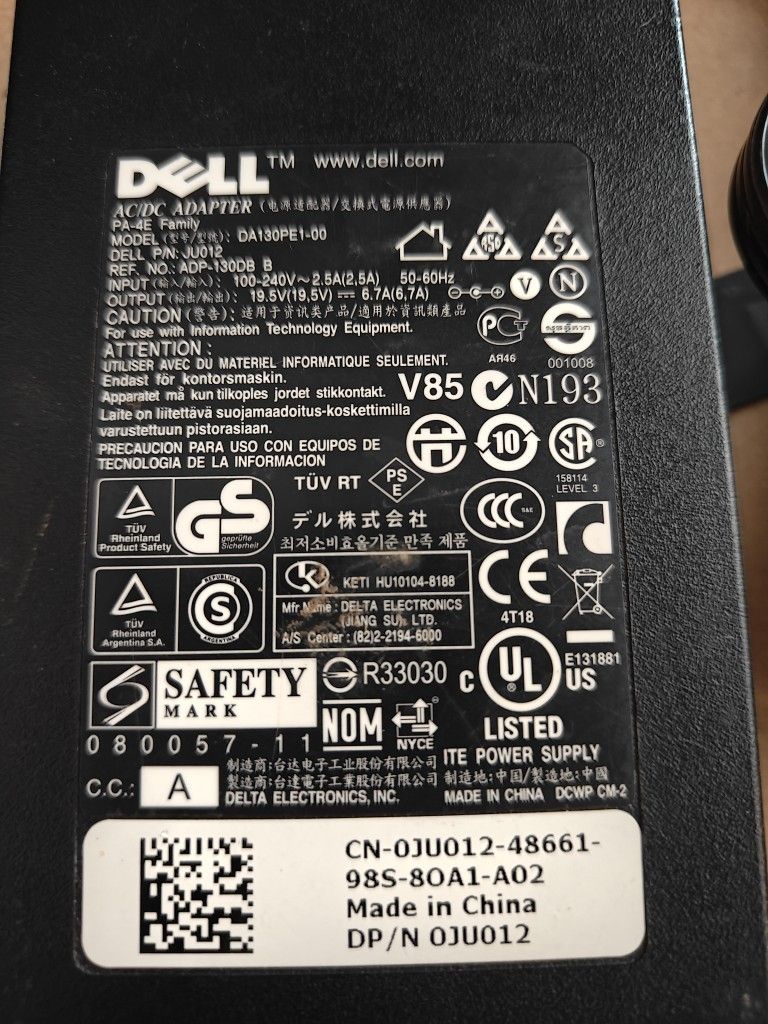 Dell 130watt 3 Prong Ac Adapter 6ft Power Cord