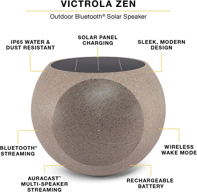 Victrola Zen - Wireless Outdoor Bluetooth Speaker IP65 Weather Resistant, Solar Charging, Multi Speaker Connection With Auracast