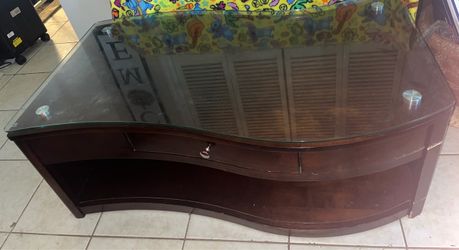 Heavy Wood Wave Glass Top Cocktail Table with Lower Shelf and Drawer 48” x 25” x 19” Needs Some TLC