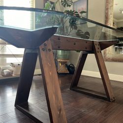 7’ Glass Table With Custom Real Hardwood Base