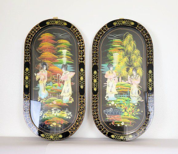 Vintage: Two Asian Wall Panels. each approx 12 X 24 in