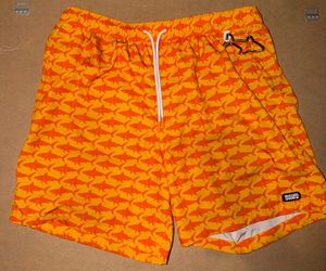 Rugged Shark Men's Orange Shark Print Swim Trunks with Carabiner - Size L