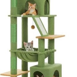 71" Meowsir Cactus Cat Tree, Multi-Level Tower, Hammock, 2 Caves, Top Perch, Scratching Pad, Green