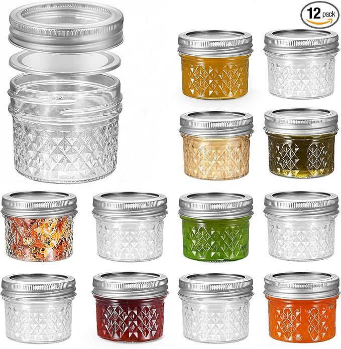  4 oz 12 PACK Mini Mason Jars with Lids and Bands, Quilted Crystal Jars Ideal for Spice, Honey, Jam, Body Butters, Jelly, Wedding Favors, DIY Candl