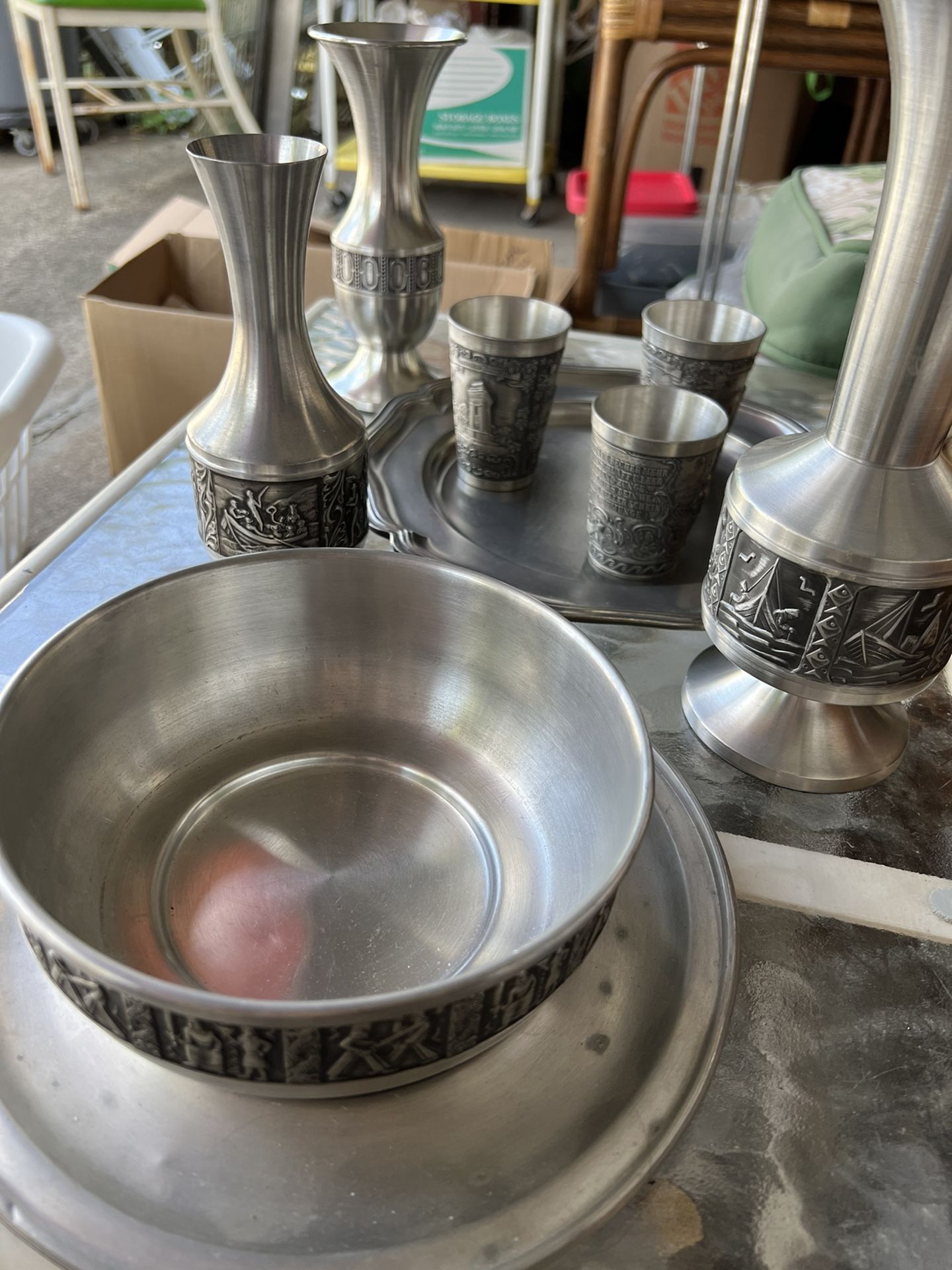Pewter Egyptian Crafting 8 Pieces Drink Set Beautifully Caved .