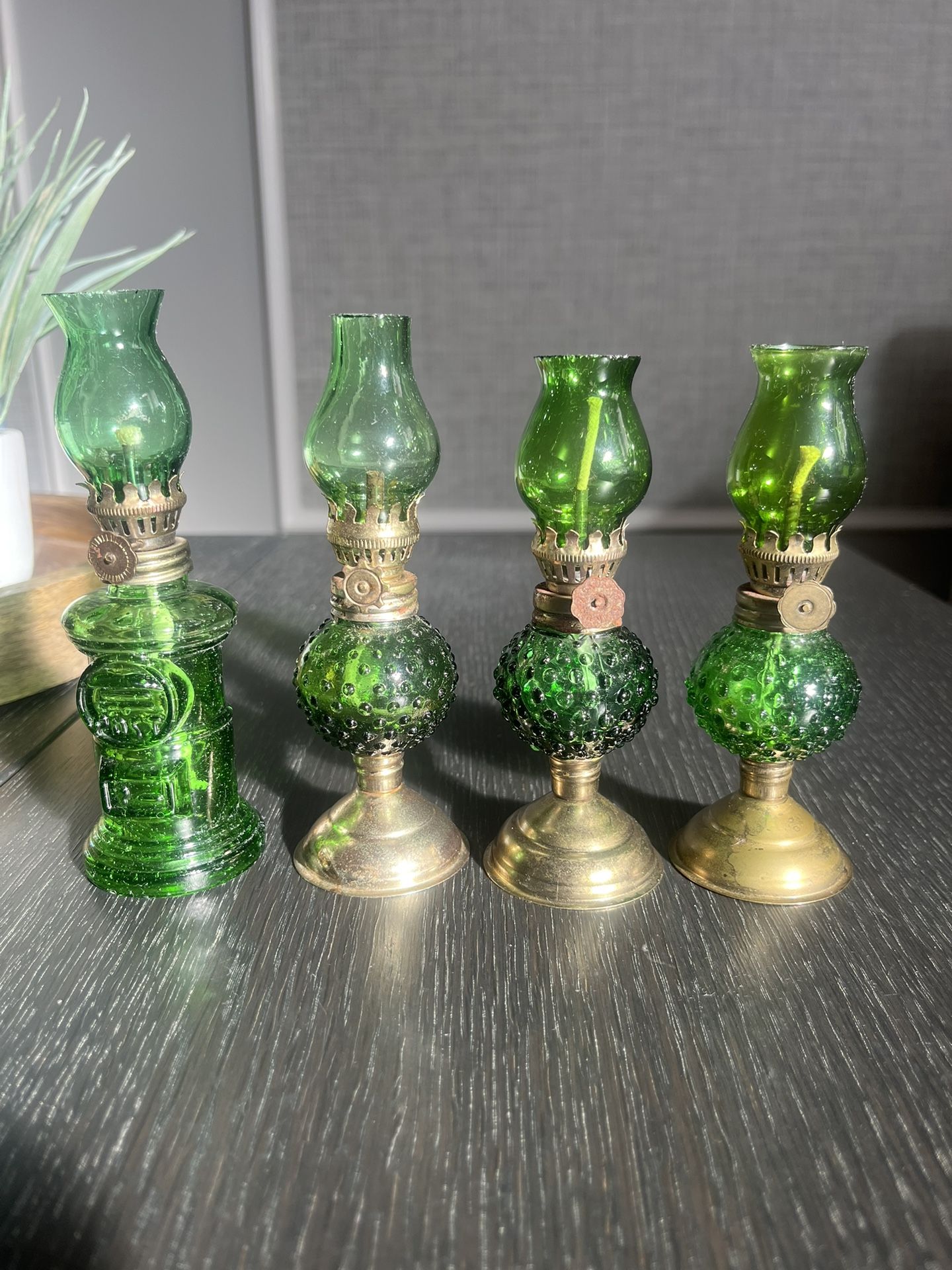 4 Green Glass Miniature Oil Lamps! 3 Hobnail and 1 “Post” 5 1/2 to 6 Inches made in Hong Kong
