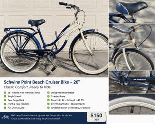 Schwinn Point Beach 26” Cruiser Bike | Whitewall Tires | Rear Rack