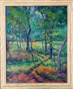 Large oil painting with wide wooden frame.