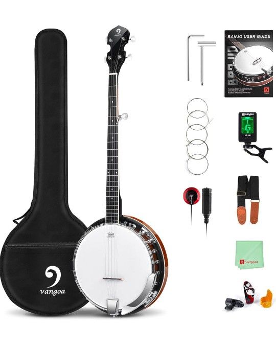 Vangoa LEFT-HANDED Banjo 5 String Mahogany Open Back Banjo with Resonator, Remo Drum Head, Geared 5th String Beginner Kit with Manual, Full Size
