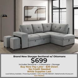 Gray Storage Sectional Sofa with 2 Ottomans