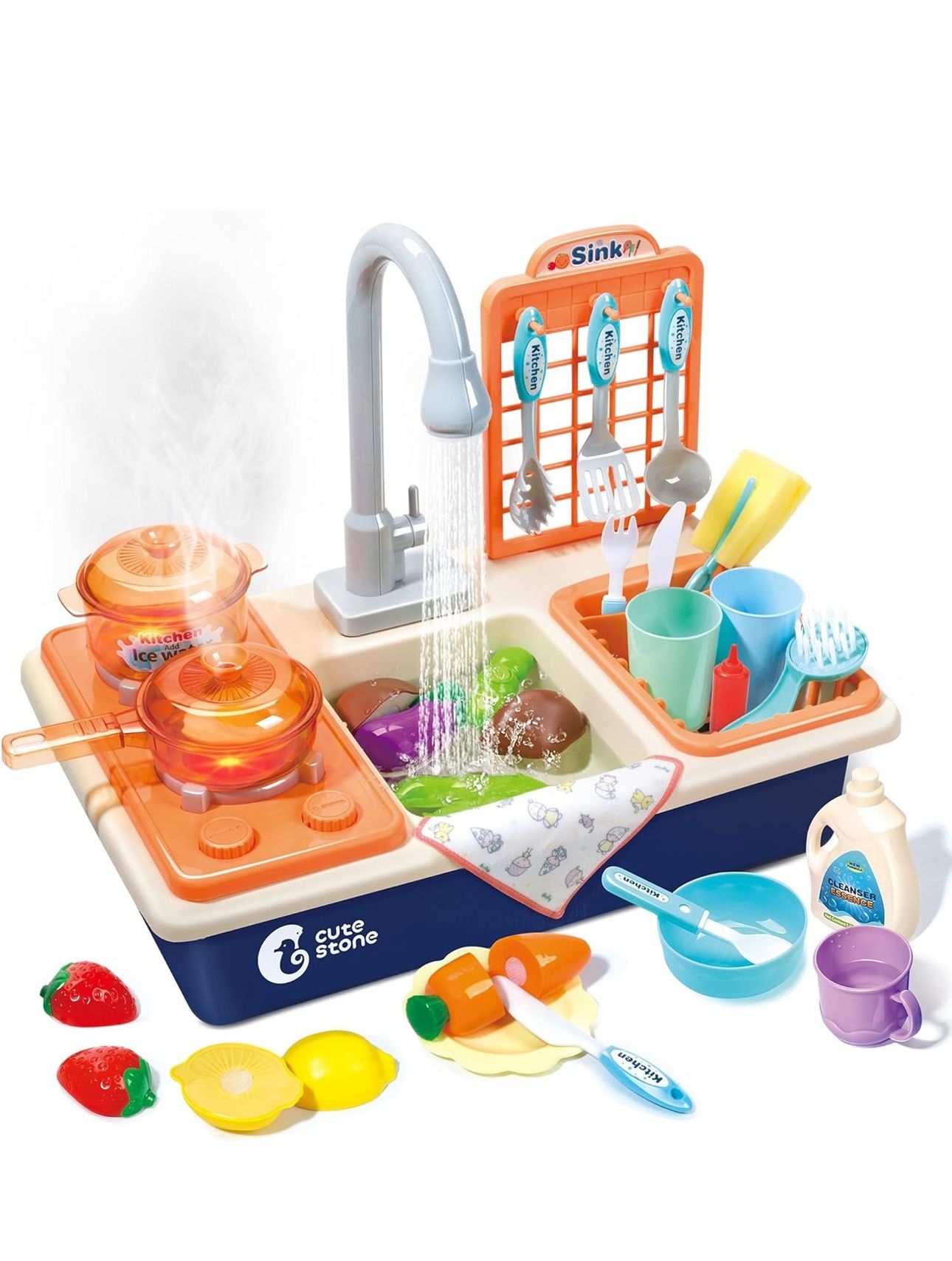 CUTE STONE Pretend Play Kitchen Sink Toys with Play Cooking Stove, Pot and Pan with Spray Realistic Light and Sound, Dish Rack & Play Cutting Food, Ut