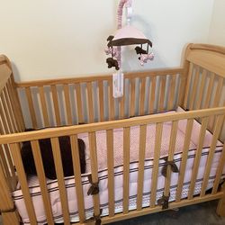 Oak Crib, Mattress, Mobile And Changing Table