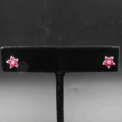 Sterling Silver Flower Red Topaz & Diamond Chip Stud Earrings Vintage