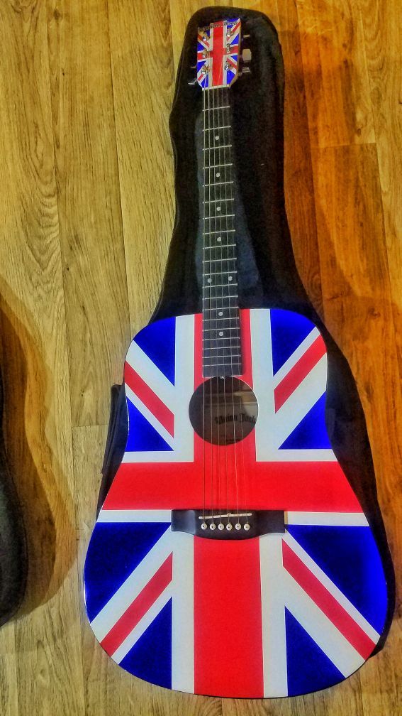 Union jack acoustic guitar and travel bag