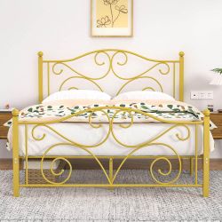🔥Gold Color Queen Size Bed Frame with matching Headboard & Footboard, No Box Spring Needed