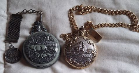 Vintag Decorative Pocket Watches with Chains – Set of 2