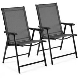 Set of 2 Outdoor Texteline Folding Dining Chairs with Backrest/ Armrests, All Weather Chairs for Garden/ Lawn/ Porch/ Backyard Pool