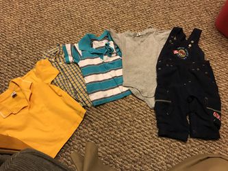 Set of 4 shirts 1 overalls boys size 12-18 Month