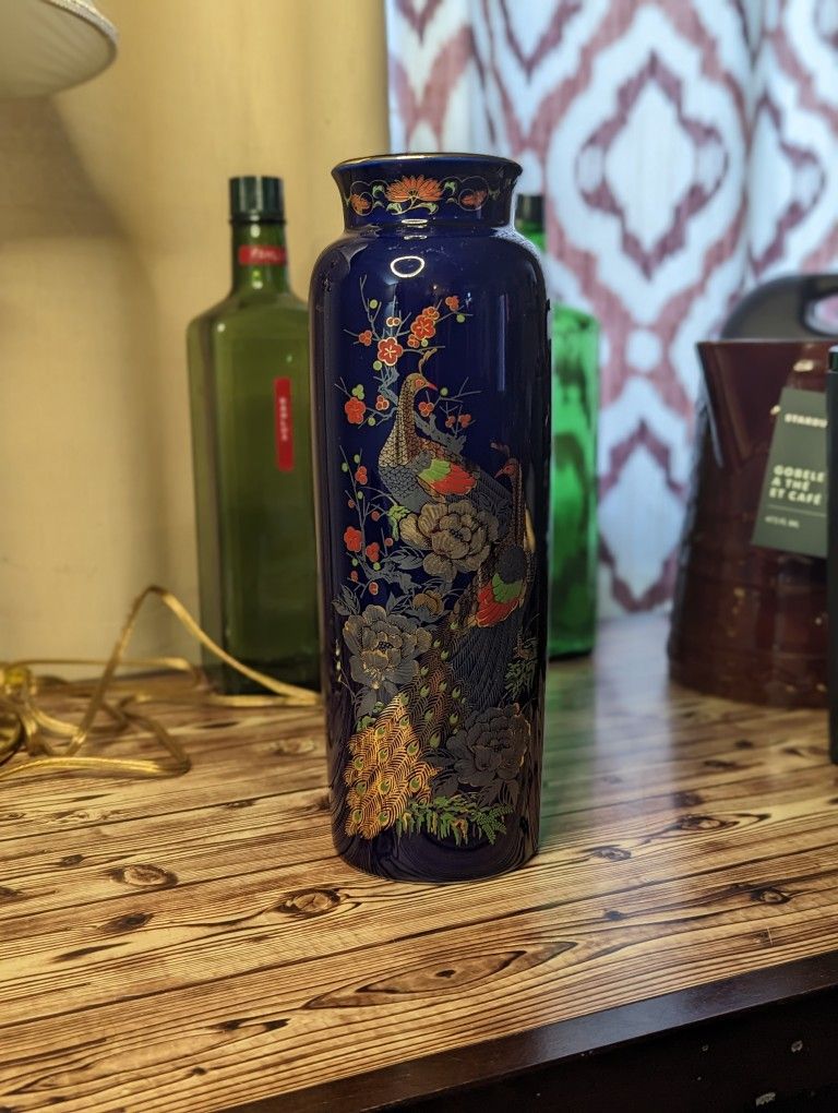 Kutani Vintage Japanese Porcelain Blue Enamel Vase Pheasant Bird Gold