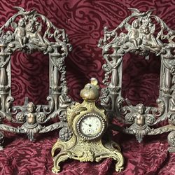 Antique Cast Iron Cherub Frames And Antique Clock