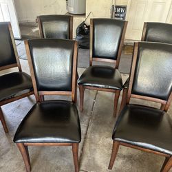 Set of 6 High Back Dining Room Chairs Wood and Vinyl