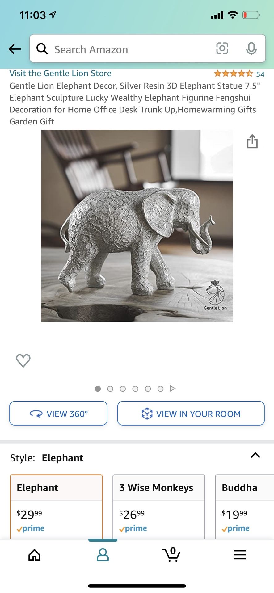 Silver Resin 3D Elephant Statue 7.5" Elephant Sculpture