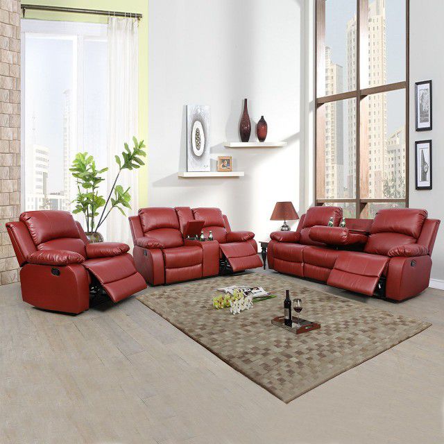 Red Semi Faux Leather 3-Piece Couch Living Room Sofa Set
