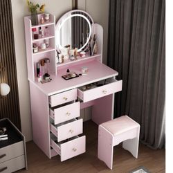 Vanity Set with Round Lighted Mirror, Makeup Vanity Dressing Table with 5 Drawers, Shelves, Dresser Desk and Cushioned Stool, Pink