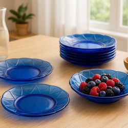 Hazel Atlas 1930s Newport Hairpin Cobalt Blue Dessert Plates Set Of 8, 8.5”