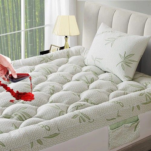 Oboey Bamboo Mattress Topper with 1 Pillow Protector, Side Pocket, Waterproof Mattress Protector